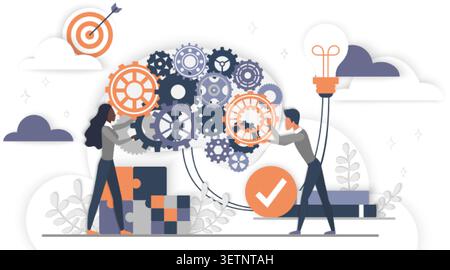 Business people building gears with puzzle blocks, target and light bulb to show teamwork, innovation, planning, problem solving, isolated on white background vector illustration Stock Vector