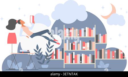 Woman reading a book while floating on clouds above shelves in a cozy night library scene with moon, stars and home decor, isolated on white background vector illustration Stock Vector