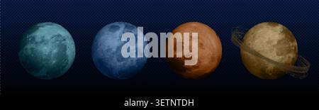 3D planet icons with craters and realistic surface texture, vector illustrations isolated on transparent background. Moon fuul size sphere for space, astronomy education, mars or mercury png Stock Vector