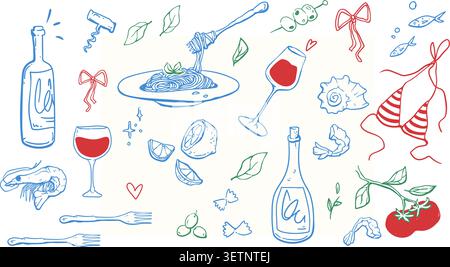 Vintage sketch pattern with Italian food on white background. Vector illustration of doodle pasta, seafood, vegetables, bikini and wine bottles for summer vacation poster, Mediterranean coastal design Stock Vector