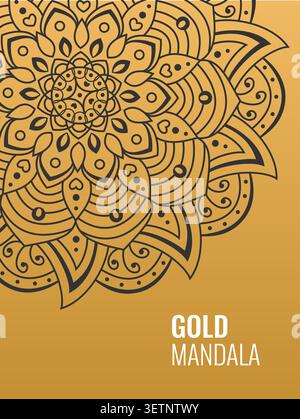 banner with gold beautiful mandala. Golden vector flower on dark background. Decorative ornate round mandala. Invitation, wedding card. luxury Mandala Stock Vector