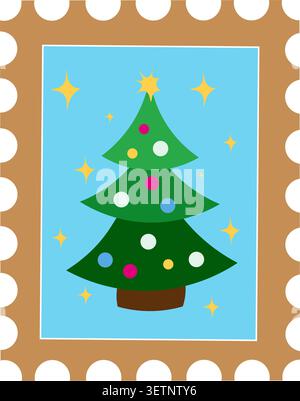 A postage stamp with a Christmas tree decorated with a star and colorful balls. Vector Christmas illustration in a flat style. For design, postcards Stock Vector