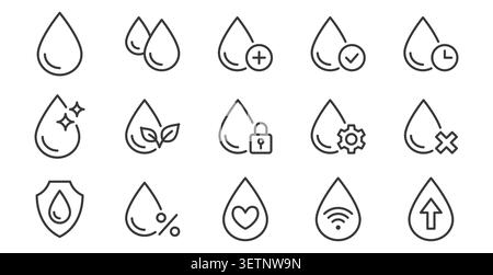 Water drop line icon set. Clear liquid sparkle, waterproof material, eco drink, watering control, blood health, moisturizing cream minimal vector Stock Vector