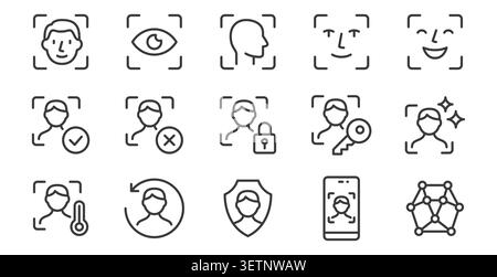 Face scan line icon set. Facial recognition, biometric authentication, security AI verification, artificial intelligence analysis vector illustration Stock Vector