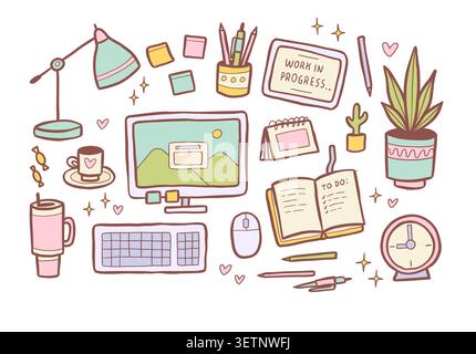 Office supplies and Back to school cute collection. Hand drawn kawaii vector elements set for work and education. Stock Vector