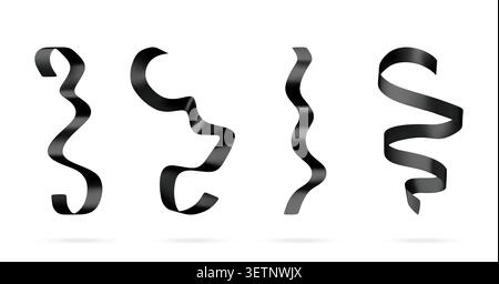 3D Set of black ribbons isolated on white Stock Vector