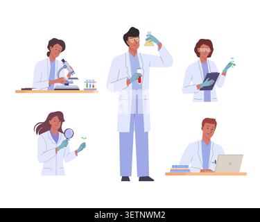 Scientists characters set in laboratory. Doctors in uniform conduct a study. Science researching Stock Vector