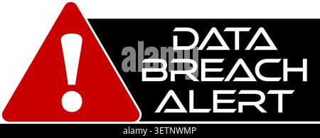 Data breach alert. Red triangle sign with exclamation point and text by side on black background. Stock Vector