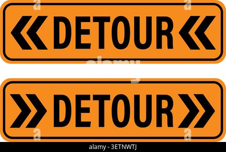 Two detour signs with  arrows on both sides of the word Detour. The first one pointing left and the other right. Orange background. Stock Vector
