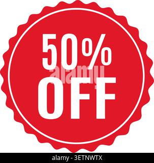 A bold red circular badge featuring large white text displaying fifty percent off for promotional use in marketing and advertising. Stock Vector