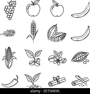 A clean and simple black and white line drawing set of sixteen distinct vegetables and fruits including grapes, apples, bananas, corn, wheat, peppers, Stock Vector