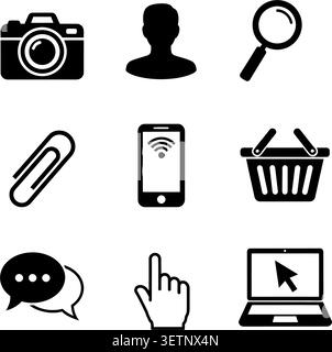 A clean, minimalist collection of nine black and white flat icons representing photography, profile, search, paperclip & more Stock Vector