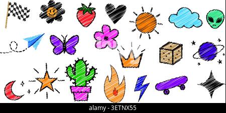 A cheerful collection of hand-drawn doodle icons including a rocket, butterfly, sun, crown, cactus, skateboard, and more in a vibrant, playful style p Stock Vector