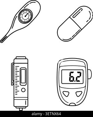 Simple line art icons of essential medical tools: a traditional mercury thermometer, capsule pill, analog blood pressure monitor, and digital blood gl Stock Vector