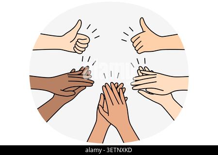 Hands of people applauding and showing thumbs up as sign of respect and support for speaker. Multiracial fans applaud admiring idol or demonstrating gratitude and recognizing victory of athlete Stock Vector