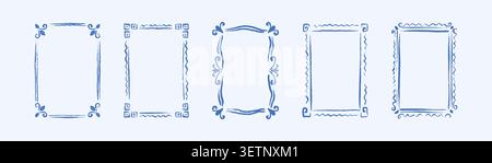 Hand drawn doodle crayon blue coastal summer frame set. Ancient greek key decoration. Mediterranean summer chalk sketch rectangle doodle boarders. Vin Stock Vector