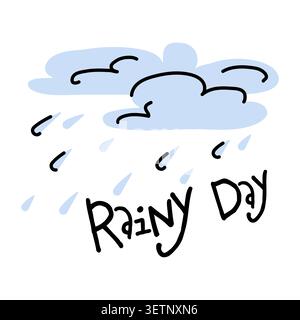 Minimalist vector illustration of blue rainy clouds with falling water drops. Simple hand drawn weather icon for bad autumn day, isolated on white Stock Vector