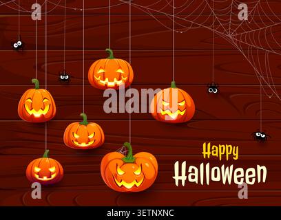 Halloween banner, pumpkins with carved scary faces Stock Vector