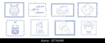 Greek stamps, blue hand drawn sketch Mediterranean style stickers, ancient signs, and summer vacation elements. Crayon doodle coastal grunge border. . Vector illustration Stock Vector
