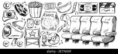 Hand drawn cinema doodles with film camera, popcorn and chips, movie tickets and chairs. Retro entertainment sketch vector icons, director seat and clapper board for theater and festival art design Stock Vector