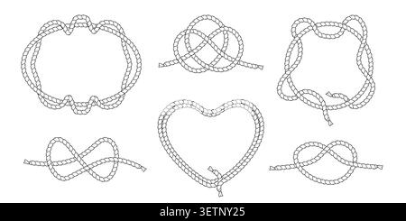 Nautical rope frames in various shapes isolated on background. Vector realistic set of oval and heart borders with marine knots, sailing poster design elements, vintage sea boat decorations Stock Vector