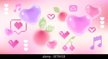 3D hearts and cute pixel icons on pink gradient background. Vector realistic illustration of y2k aesthetic poster with love signs and romantic design elements, retro Valentine's Day banner pattern Stock Vector