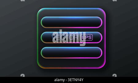 Neon glowing ui buttons and frame set. Modern interface elements with dark aesthetic for design. Vector illustration Stock Vector