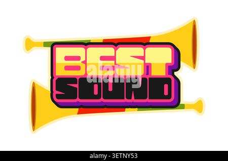 Best music sound Y2K funky sticker or tag. Musical groovy Y2K vector label, festival concert audio record funky tag. Music sound patch with horn musical instruments, yellow and black color typography Stock Vector