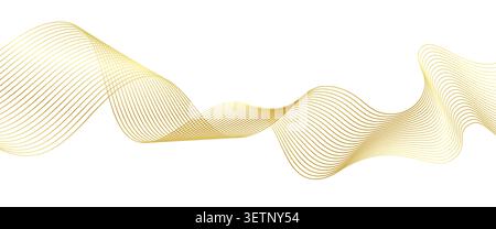Golden line wave flow background, wavy ribbon or swoosh backdrop. Fluid gold yellow abstract flowing waveform, conveying movement, splash and rhythm. Modern 3d glow overlay golden waves Stock Vector