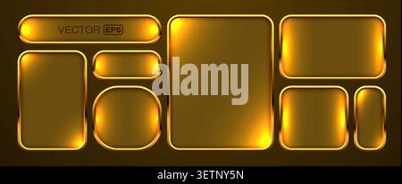 Set of golden glowing button frames and UI elements for web design and app interface. Vector illustration Stock Vector