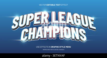 Super league champions bold 3D soccer text effect with champion typography. Editable font design for sports tournaments, football competitions and gam Stock Vector