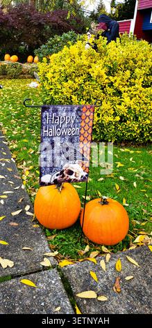 Halloween Yard Decoration with Pumpkins, Scarecrow Figures and Happy Halloween Garden Flag Stock Photo