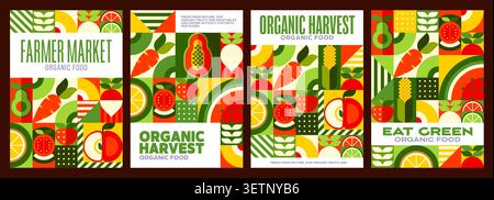 Fresh organic fruits and vegetables posters with geometric pattern. Abstract background of farm food mosaic with lemon, apple, watermelon and strawberry fruit, wheat, carrot or tomato vegetable shapes Stock Vector