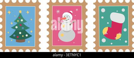 A set of vector Christmas postage stamps with a cute snowman in a Santa hat, a stocking, and a Christmas tree decorated with balls and a star. Flat Stock Vector