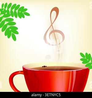Red cup steams beside a musical note Stock Vector