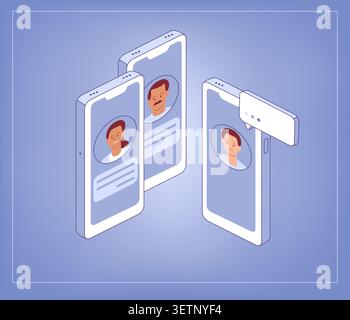 Mobile conference call. People listen to speaker, comment on speech. Isometric vector illustration for webinar, team meeting app Stock Vector