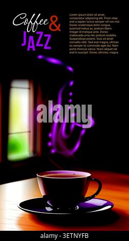 Warm coffee steams glowing saxophone silhouette Stock Vector