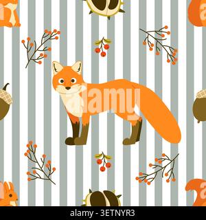 Cute Autumn Fox and Berries Seamless Pattern Stock Vector