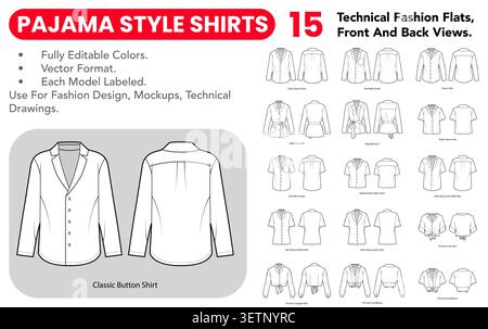 Pajama Style Shirts set with black and white technical fashion flats, front and back views, outline versions, open collars and relaxed silhouettes. Vector illustration Stock Vector