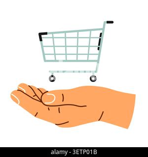 hand showing shopping trolley icon; sale, retail and grocery purchase concept in doodle style for commerce and consumer design- vector illustration Stock Vector