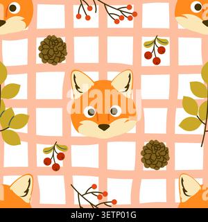 Cute Cartoon Fox Face and Berries Seamless Pattern Stock Vector