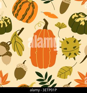 Autumn Pumpkins and Forest Seeds Seamless Pattern Stock Vector