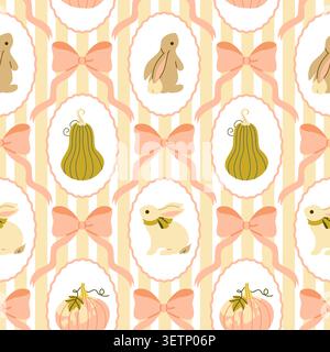 Cute Autumn Bunnies and Pumpkins Seamless Pattern Stock Vector