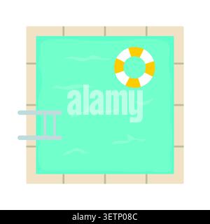 square swimming pool with rubber ring and ladder, top view summer recreation and poolside leisure concept -vector illustration Stock Vector