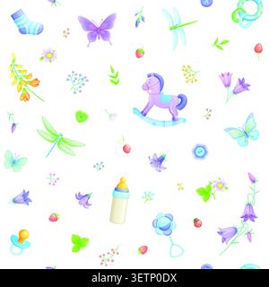 Boy baby shower seamless vector pattern with cute blue and pastel colored elements. Stock Vector