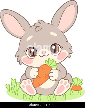 Cute baby bunny rabbit sitting on green grass and holding fresh orange carrot. Hand drawn flat style isolated. For stickers, invitations, posters, children apparel, nursery decor, greeting cards. Stock Vector