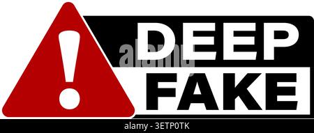 Deep fake. Alert sign with red triangle and exclamation point. Text on the right in black and white colors. Stock Vector