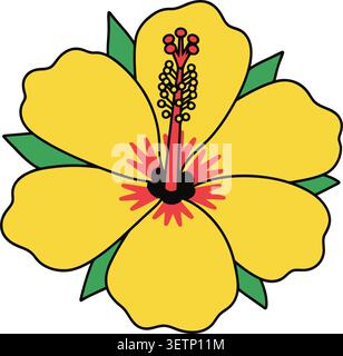 A cheerful vector illustration of a vibrant yellow hibiscus flower in full bloom, featuring intricate details of its red center and green leafy stems, Stock Vector