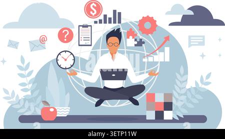 Man working on laptop while juggling time, email, finance and workflow icons in a cloud setting, showing productivity, remote work and digital multitasking isolated on white vector illustration Stock Vector