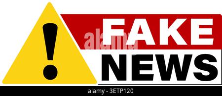 Fake news. Warning sign with yellow triangle and exclamation point. Text on the right in red and white colors background. Stock Vector